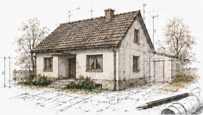 Dom z naniesionymi liniami projektowymi